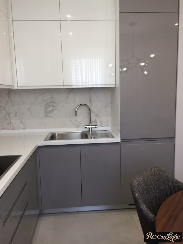gray glossy bottom white top on the kitchen