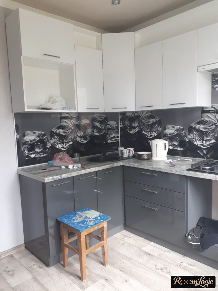 gray glossy corner kitchen
