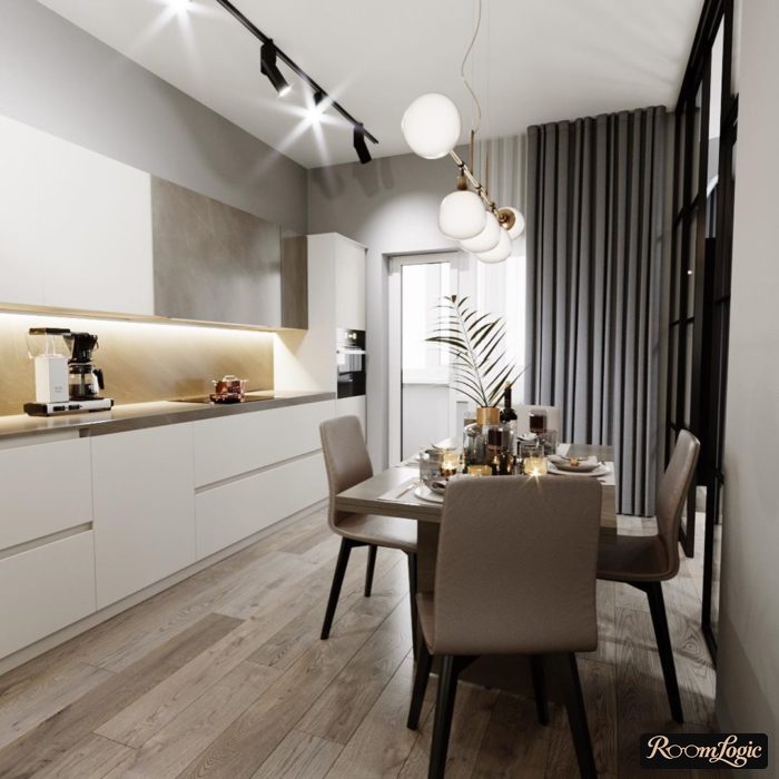 gray graphite curtains on the kitchen with a balcony door