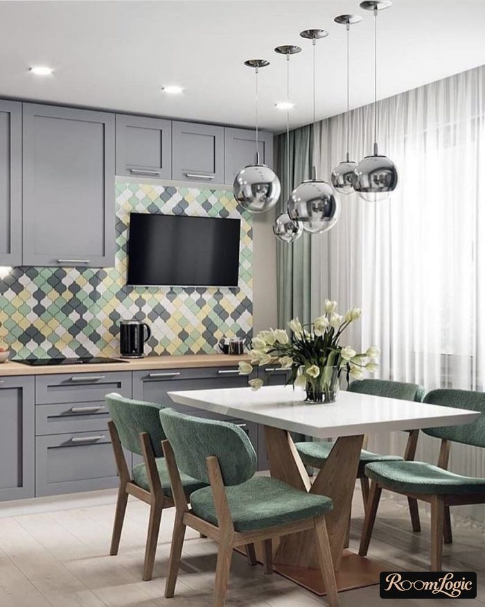 gray kitchen-dining room in neoclassical style