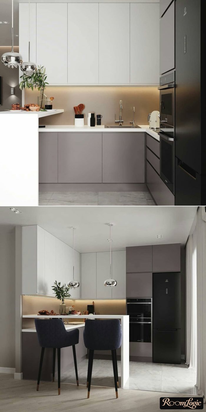 gray kitchen in light tones with beige