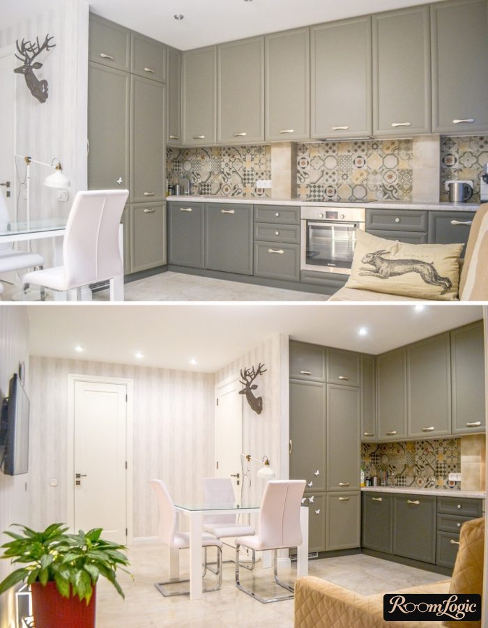 gray kitchen in neoclassical style up to the ceiling