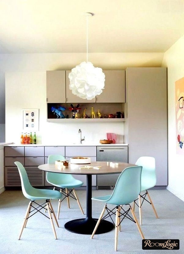 gray kitchen in scandi style with light blue chairs