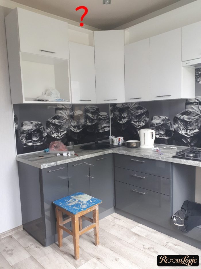 gray kitchen with a countertop not up to the ceiling