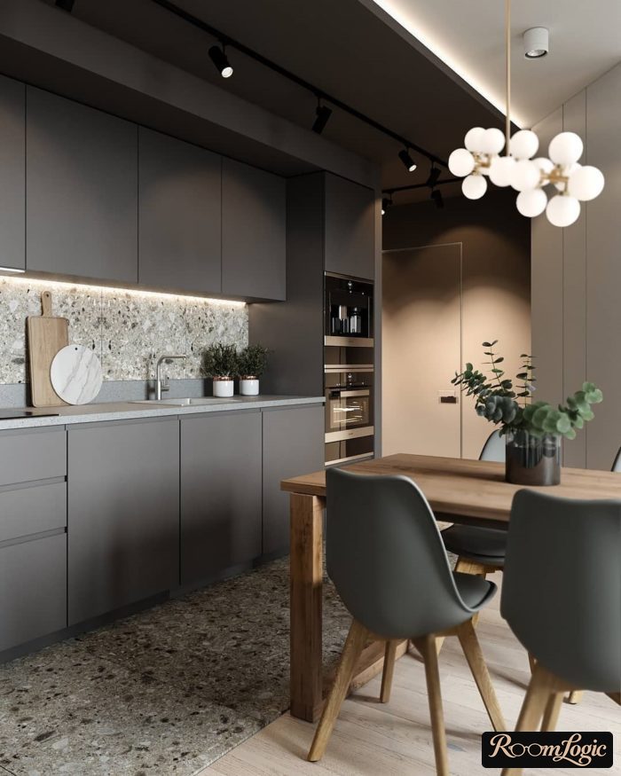 gray kitchen with countertop resembling stone
