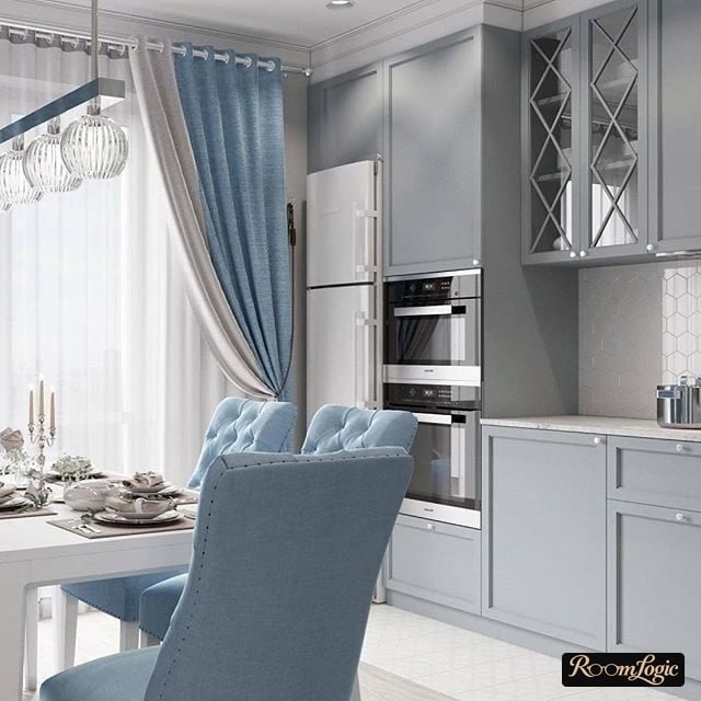 gray kitchen with gray-blue curtains