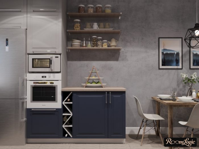 gray kitchen with gray wallpaper