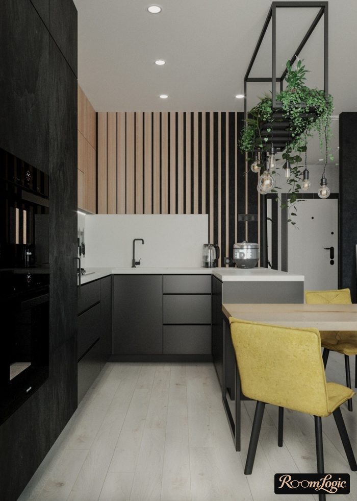 gray kitchen with yellow