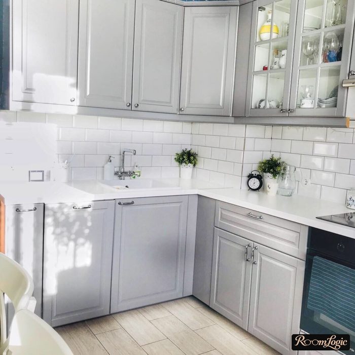 gray kitchen with white subway tile backsplash