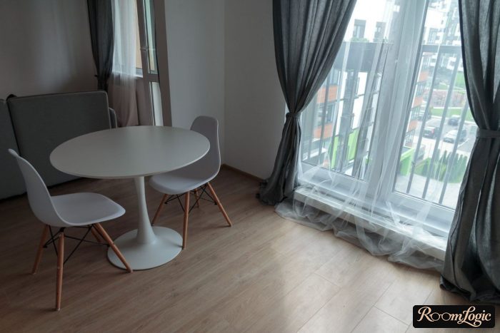 gray long area rugs on the floor in the kitchen-living room with a french window