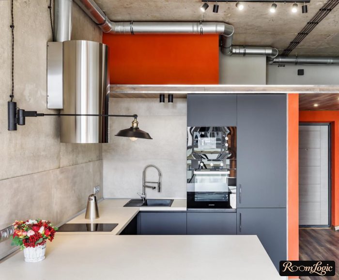 gray matte loft kitchen with concrete ceiling and exposed wiring