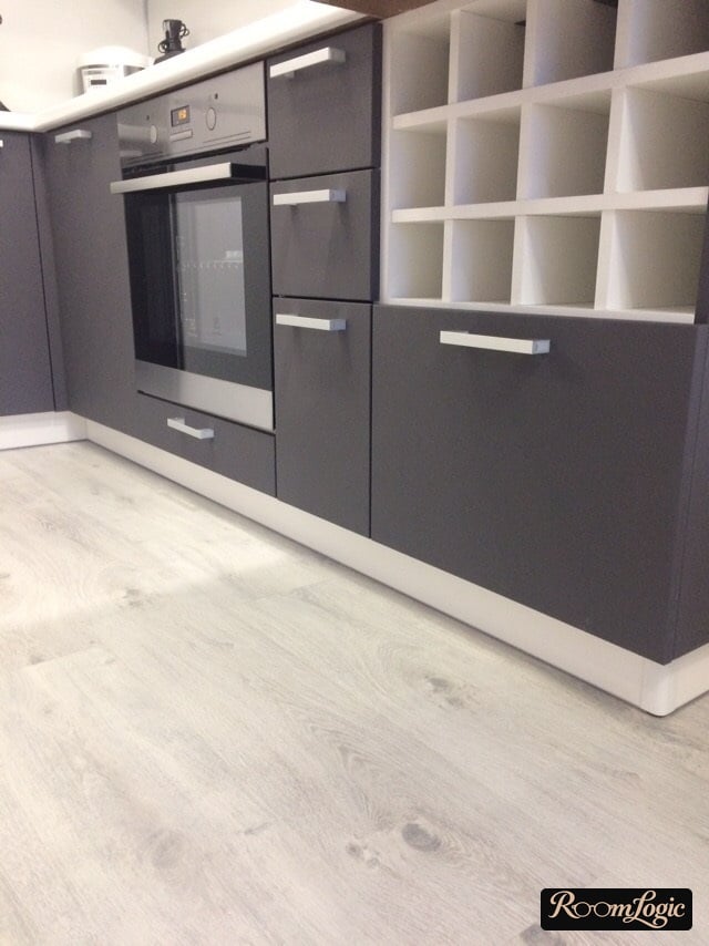 gray kitchen with light wood-look floor