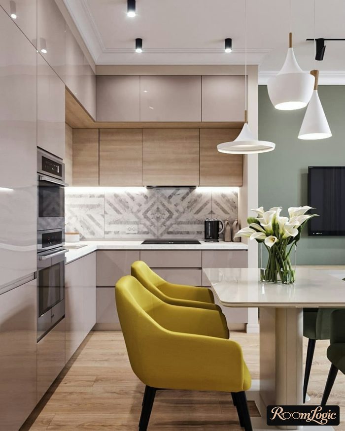 gray orange kitchen