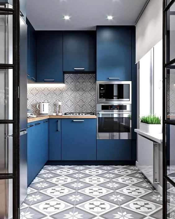 gray patterns and dark blue design of the kitchen