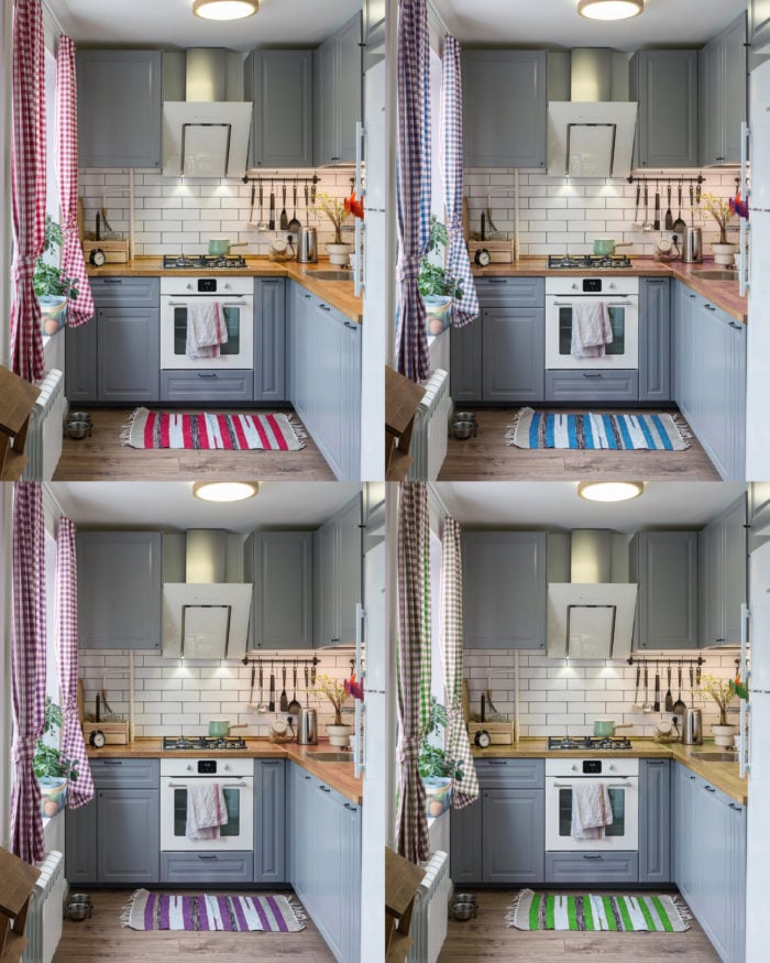 gray red light blue purple and green kitchens