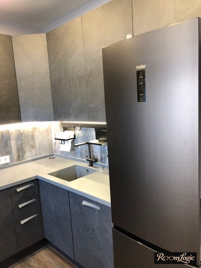 gray refrigerator on the kitchen