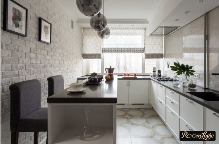 gray semi-transparent short curtains on white kitchen