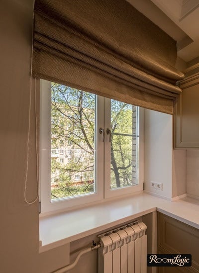 gray short curtains with vertical opening on the kitchen
