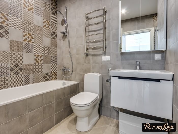 gray square tile in a small bathroom