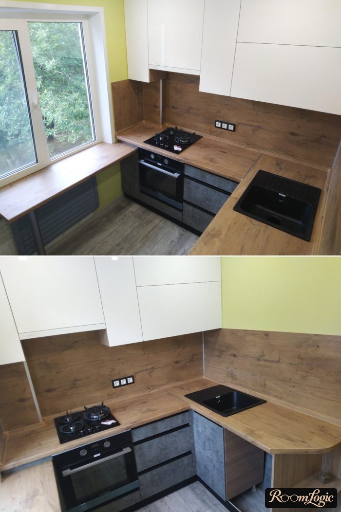 gray kitchen with wood