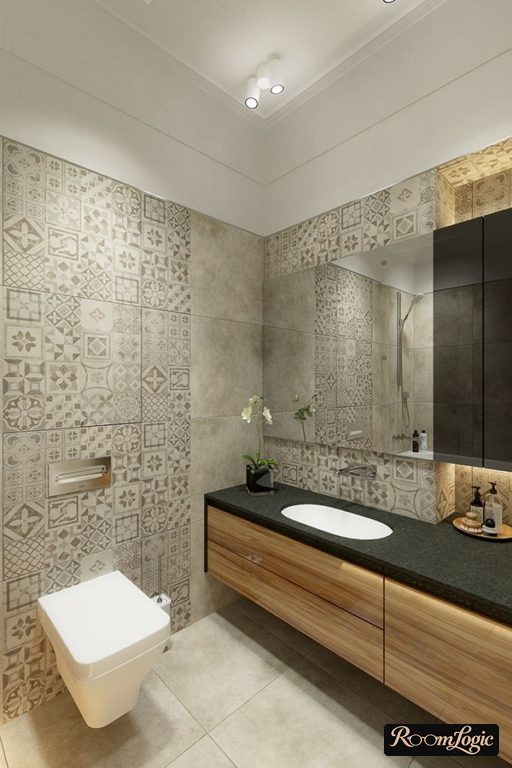 gray tile with a pattern in a loft-style bathroom
