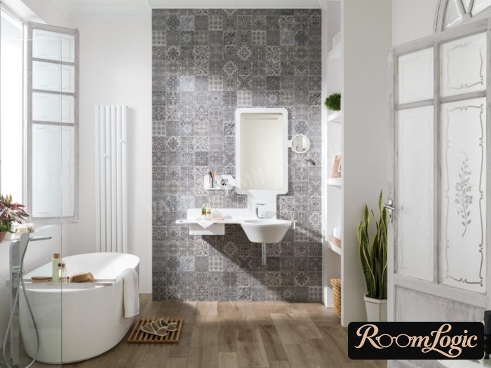 gray tile with a pattern in a Scandinavian bathroom