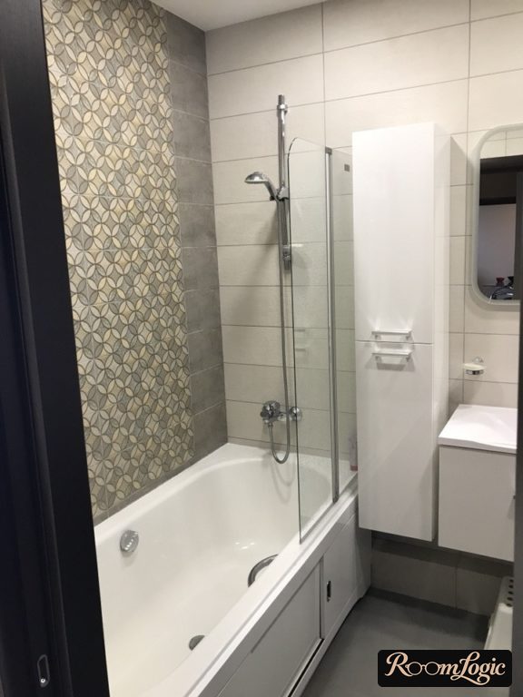 gray tile with pattern in scandi bathroom