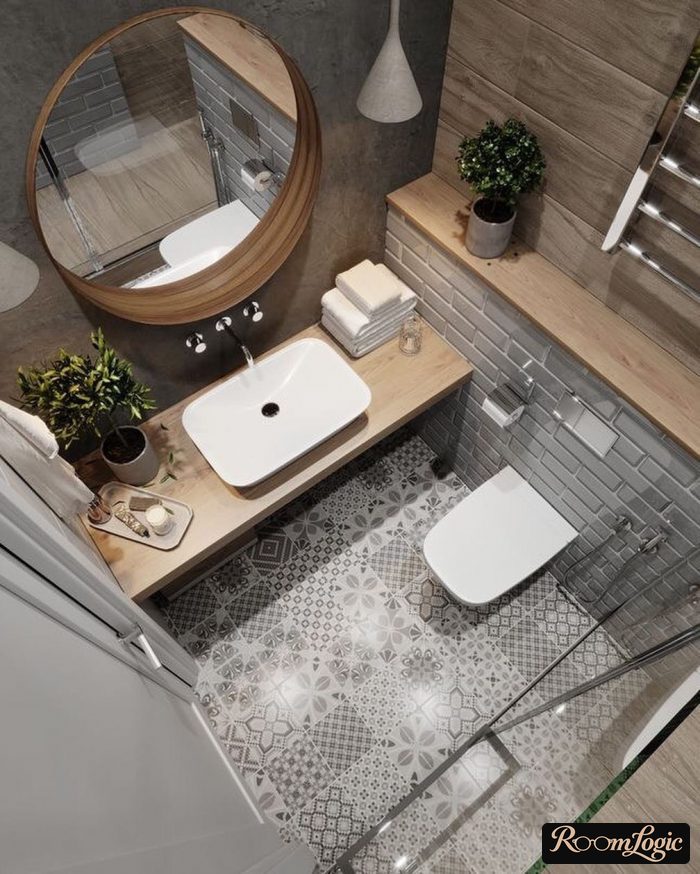 gray tile with wood patterns in a Scandinavian bathroom