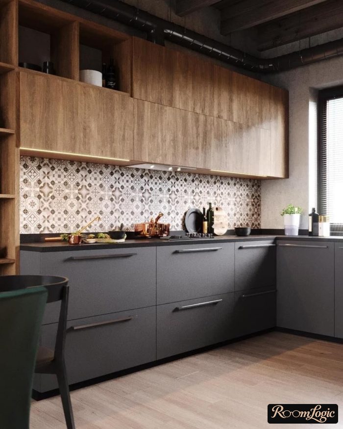 gray wall paper in the kitchen what curtains