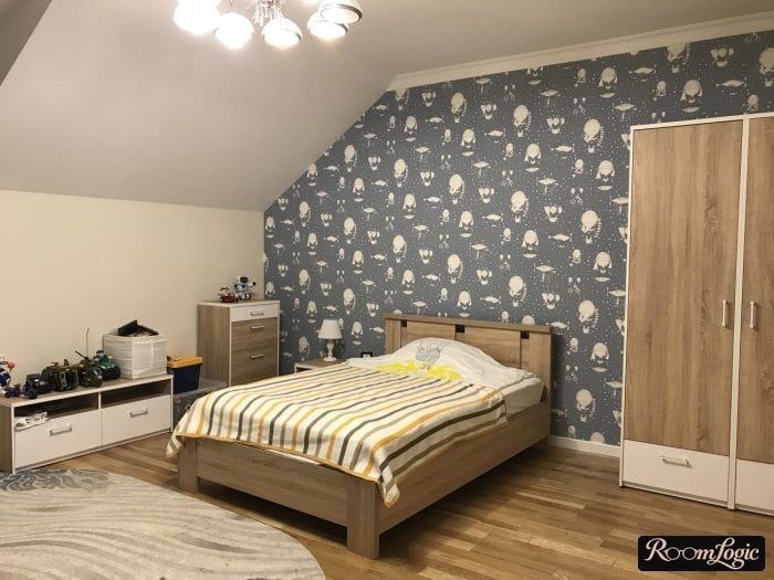 gray wallpaper with white pattern in a teenager's bedroom