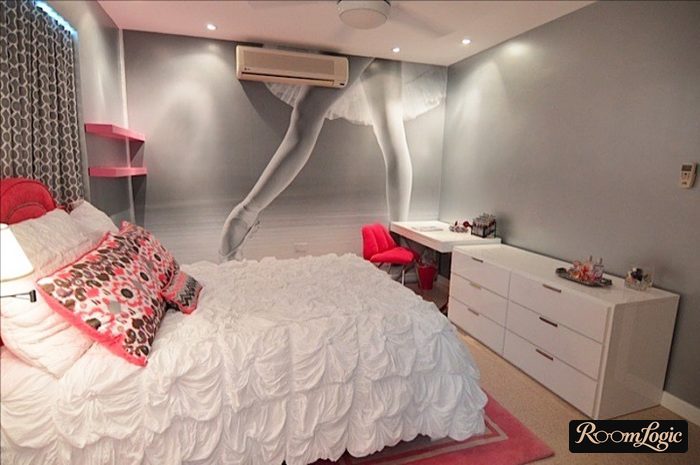gray walls and red accents in a teenage girl's bedroom