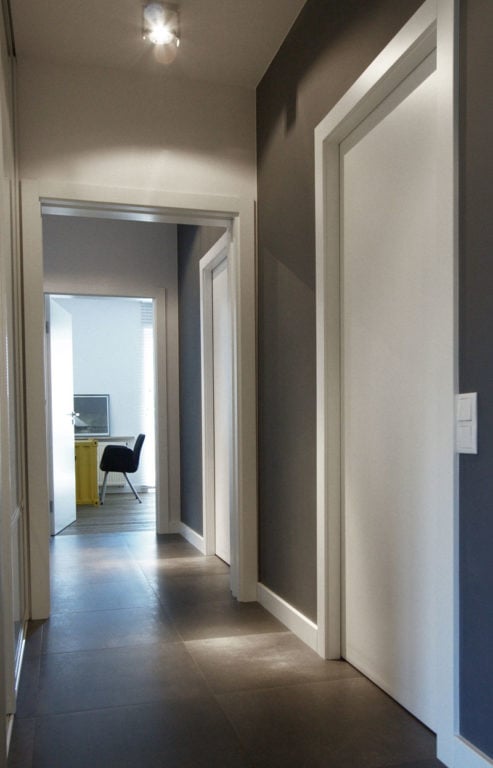 gray walls in the hallway