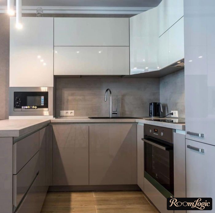 gray-white U-shaped kitchen