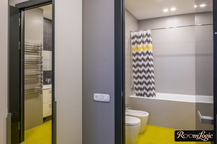 gray with yellow Scandinavian bathroom