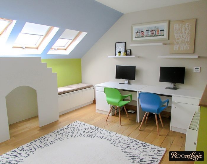 green and blue colors in the kids’ room