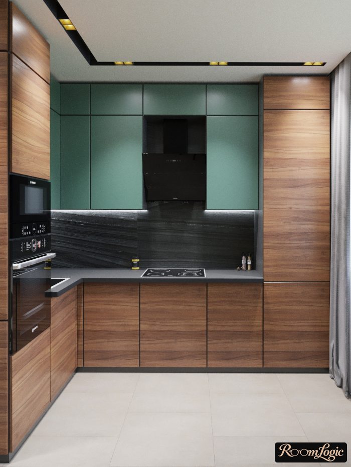 green color and wood combination in the kitchen