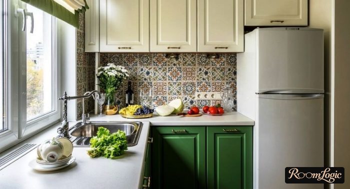 green corner kitchen in provence style in apartment