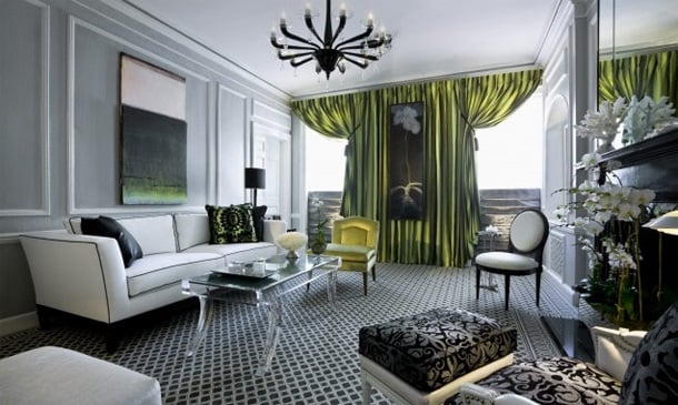 green curtains in art deco living room