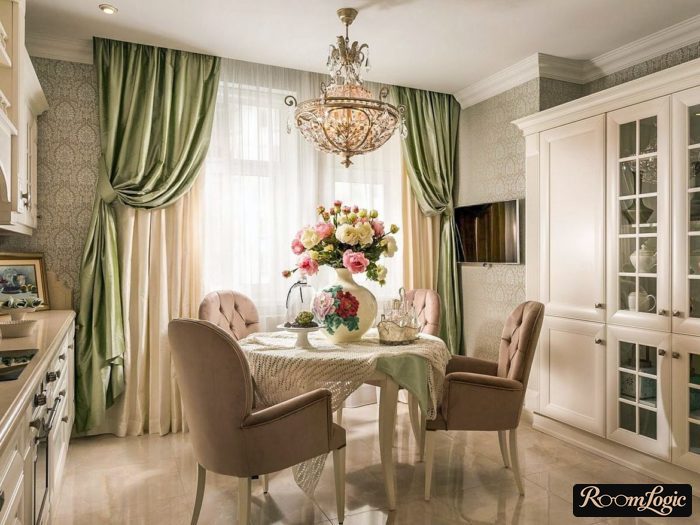 green curtains in pastel toned kitchen interior