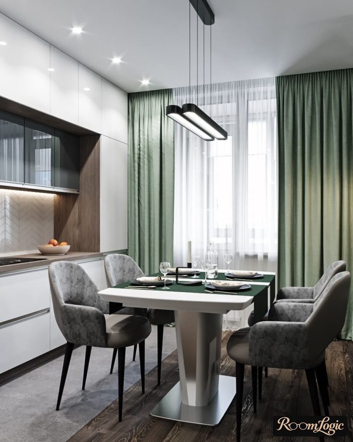 green curtains on a white kitchen with a balcony door