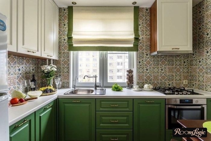 green kitchen in provence style with roller shades