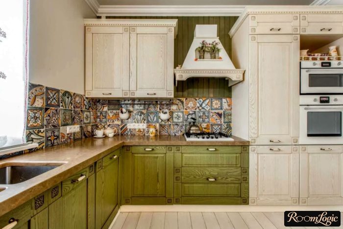 green kitchen in provence style with tile pattern on backsplash
