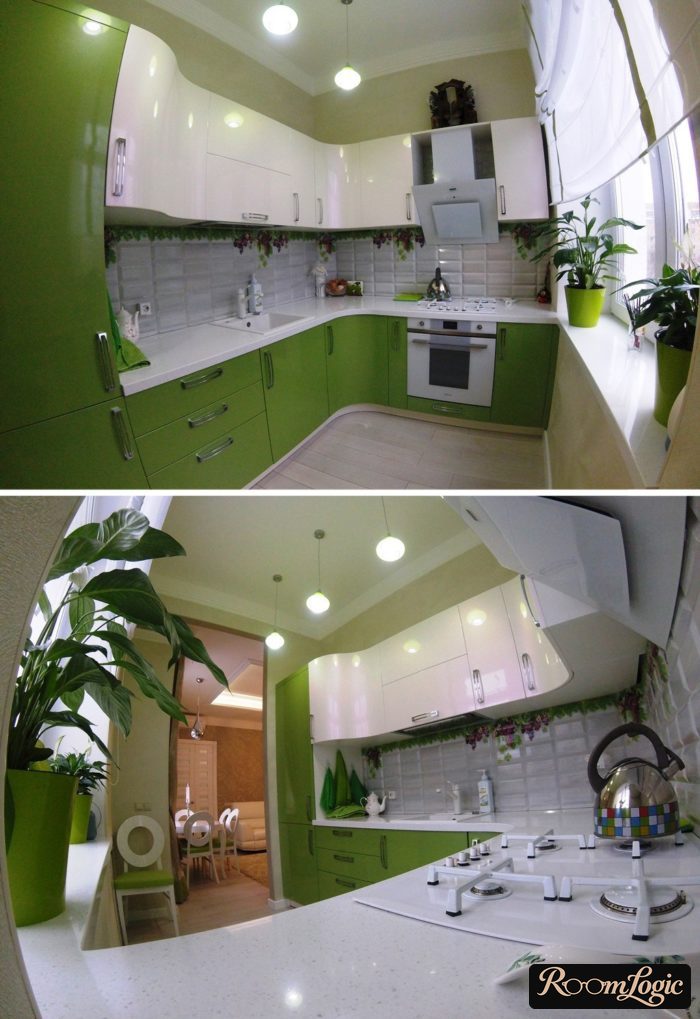 green lower white upper corner cabinet for small kitchen