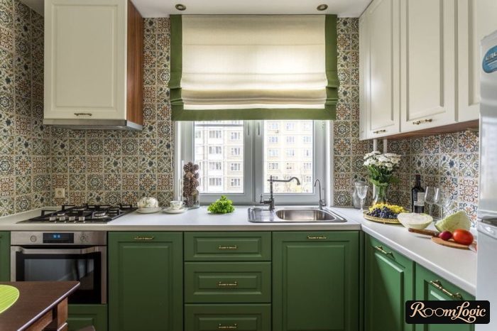 green short curtains on the kitchen