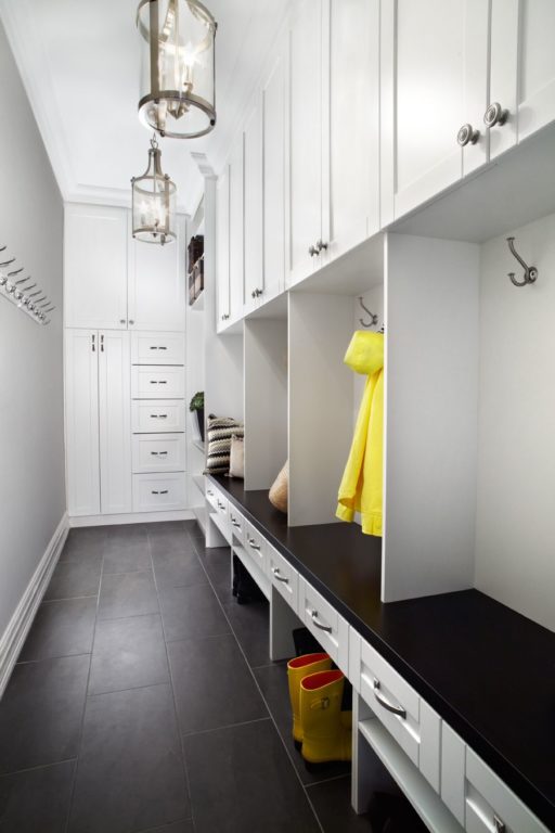 hallway with a shelf with an open section