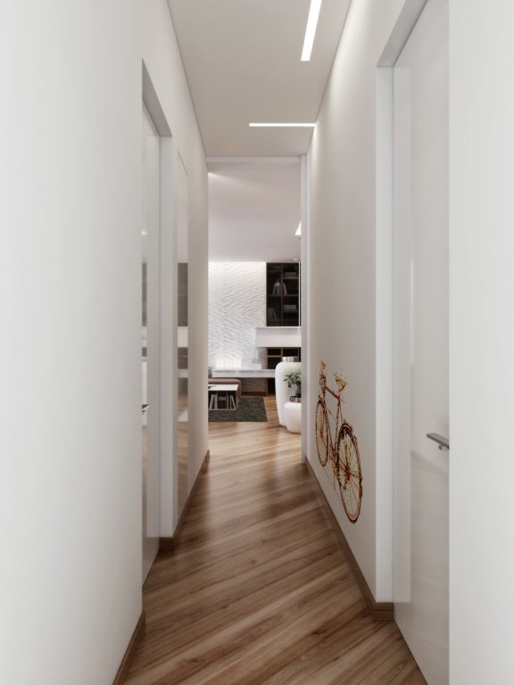 Hallway with unbeveled laminate flooring