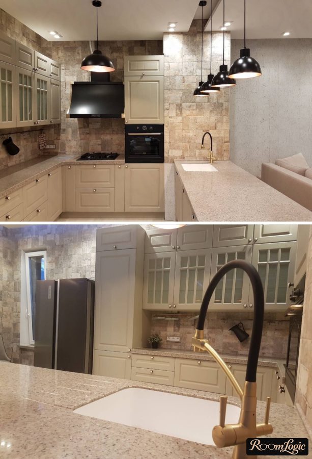 hanging lights above the breakfast bar in the kitchen-living room