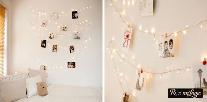 hanging photos on a string garland for room decor