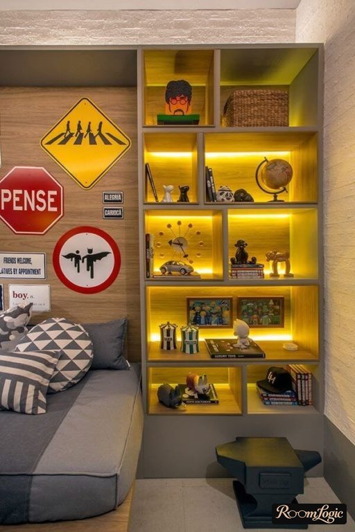 hidden shelf lighting in a teenage boy's room
