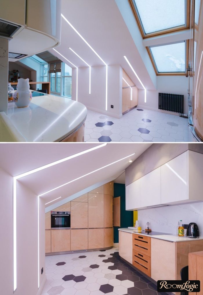 high-tech kitchen-living room with hidden lighting
